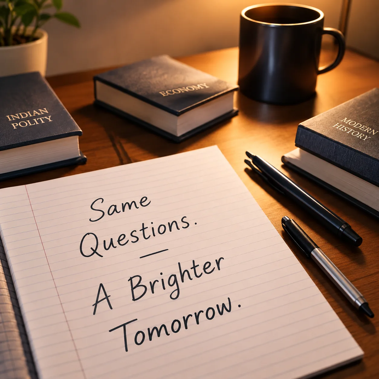 A study desk with UPSC books and a notebook reading 'Same Questions. A Brighter Tomorrow.'