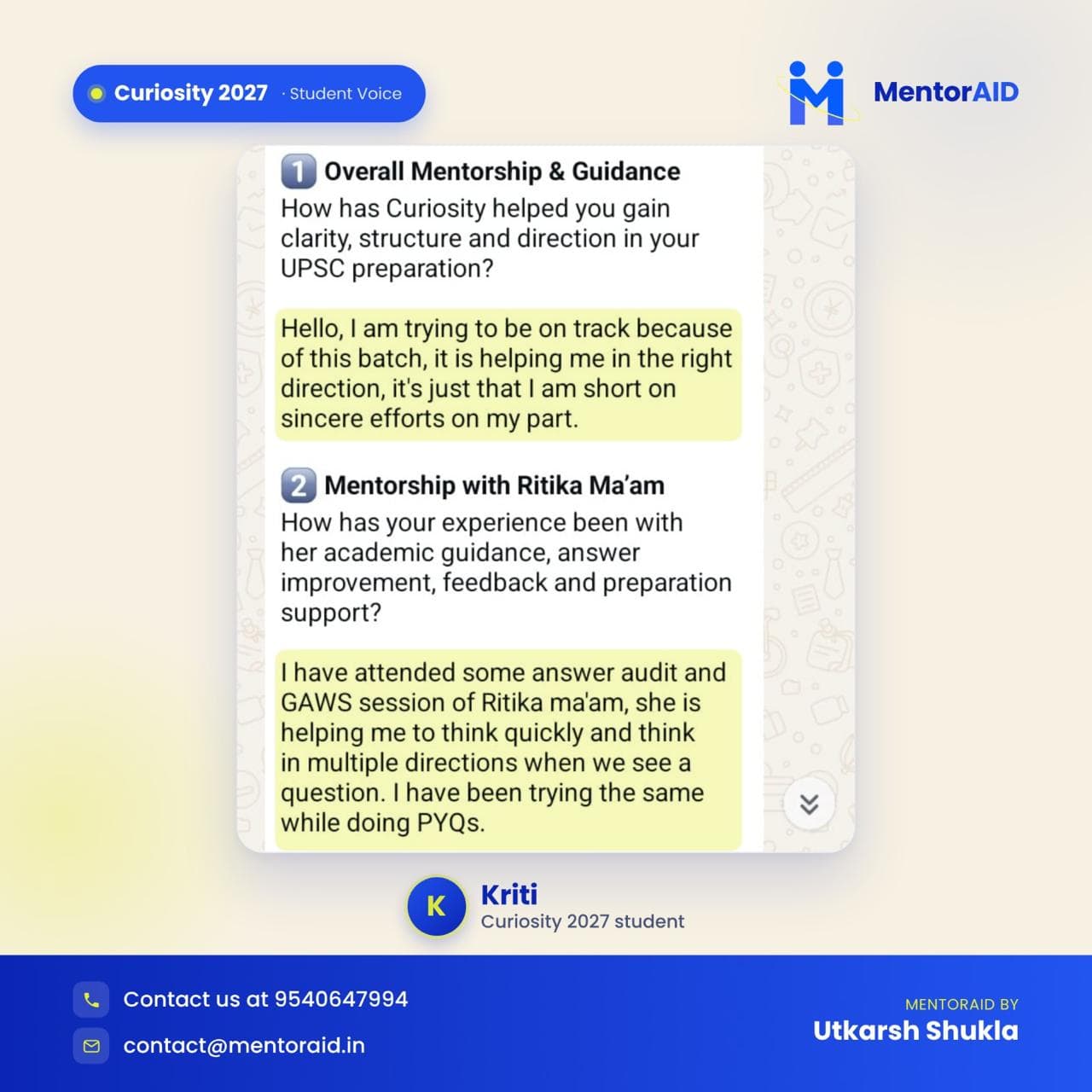 WhatsApp testimonial screenshot from Kriti, Curiosity 2027 student, on mentorship and guidance