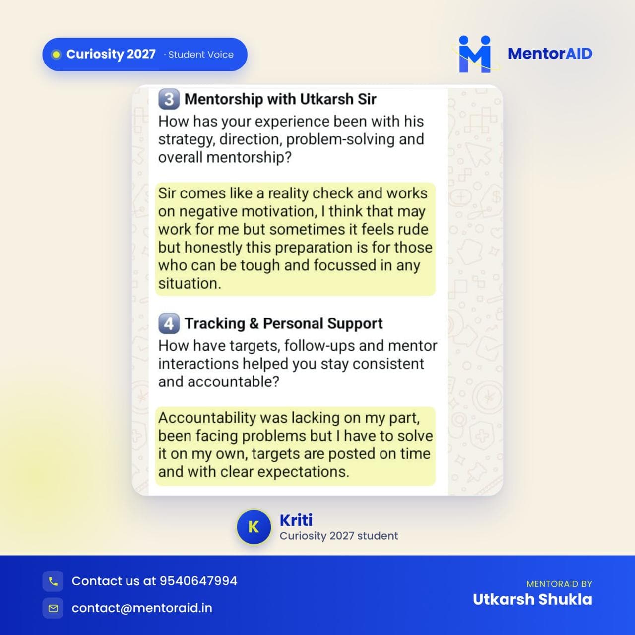 WhatsApp testimonial screenshot from Kriti, Curiosity 2027 student, on mentorship and tracking