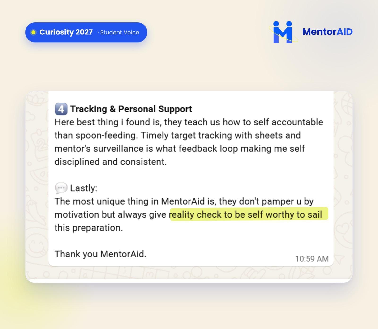 Curiosity 2027 student testimonial screenshot on tracking and personal support